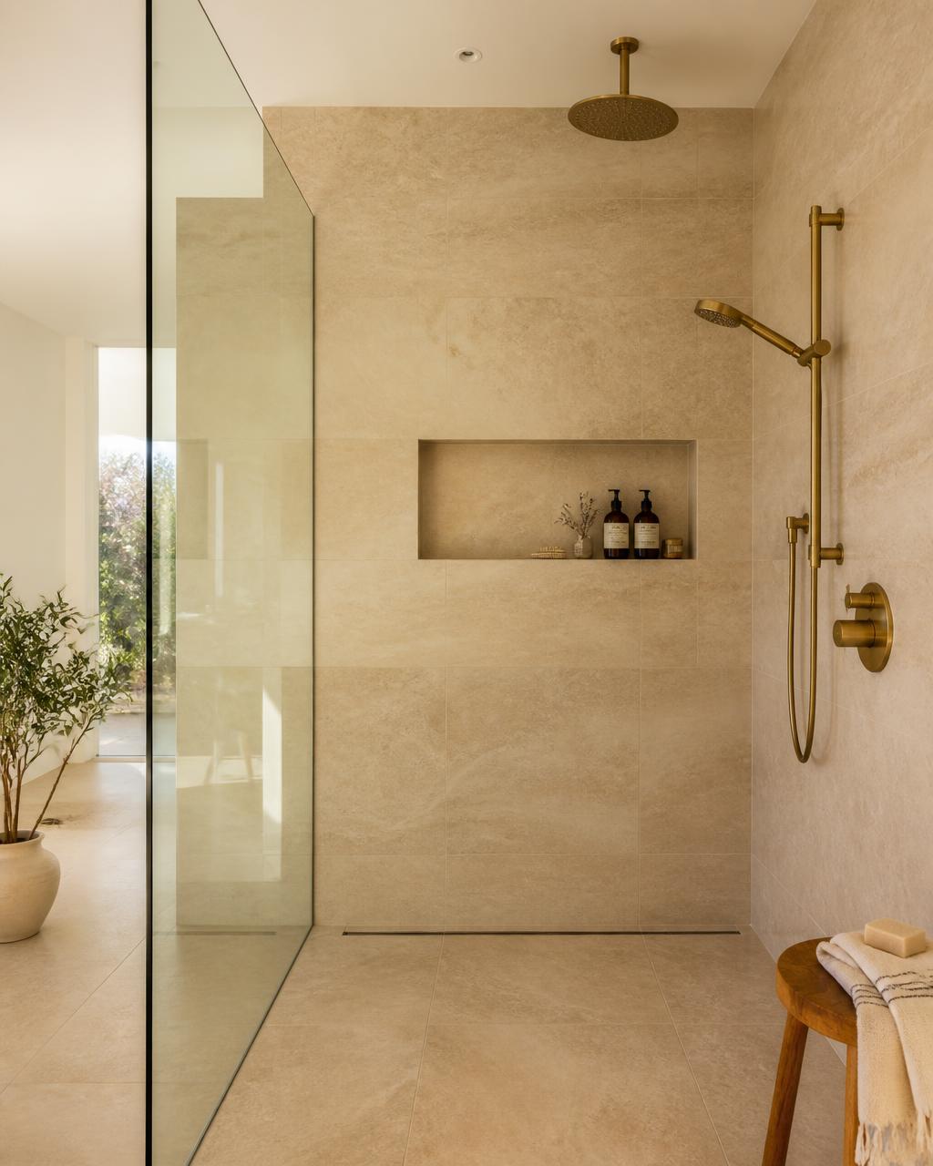 Stone-look walk-in — Custom shower project by DWS Flooring in Lubbock